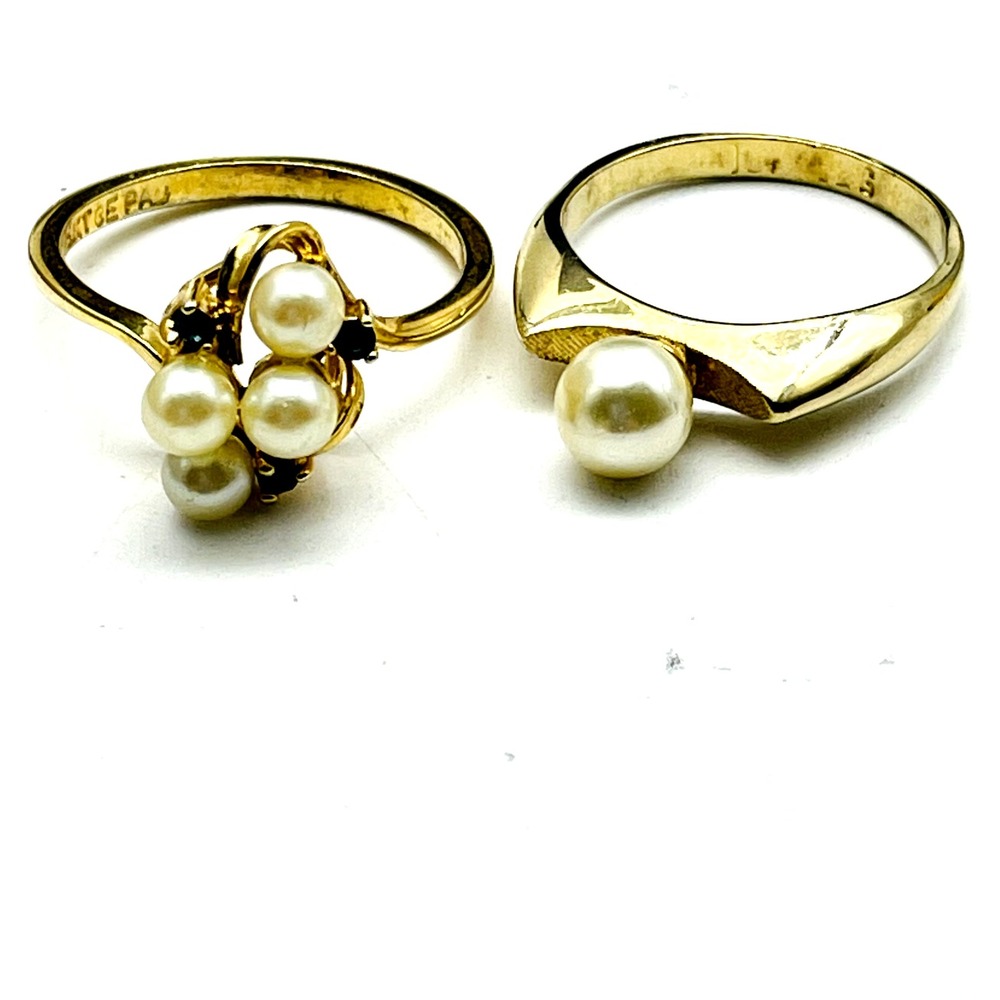 Vintage 18K Gold Electroplate Faux Pearl Rings Lot of 2 Cluster and Solitaire